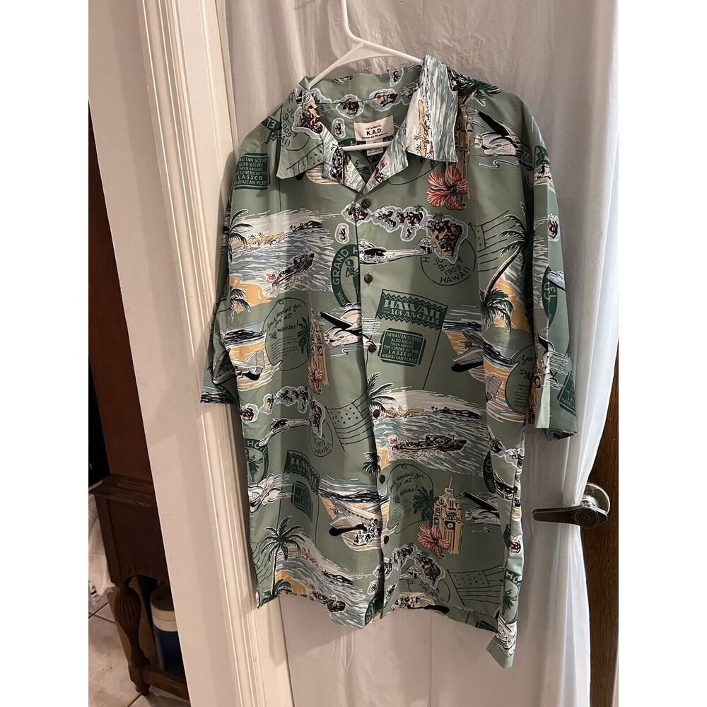 k.a.d kool active designs green hawaiian print button down shirt size xl